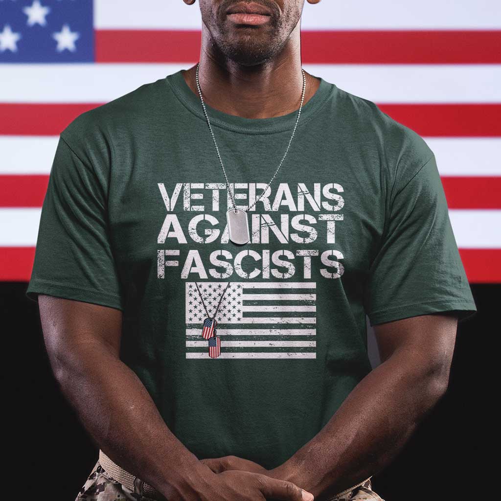 Veterans Against Fascists T Shirt Patriotic Soldier Vintage American Flag Dog Tag TS11 Dark Forest Green Print Your Wear