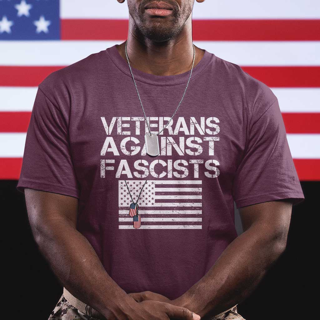 Veterans Against Fascists T Shirt - Patriotic Soldier Vintage American Flag Dog Tag Tee TS11 Maroon Print Your Wear