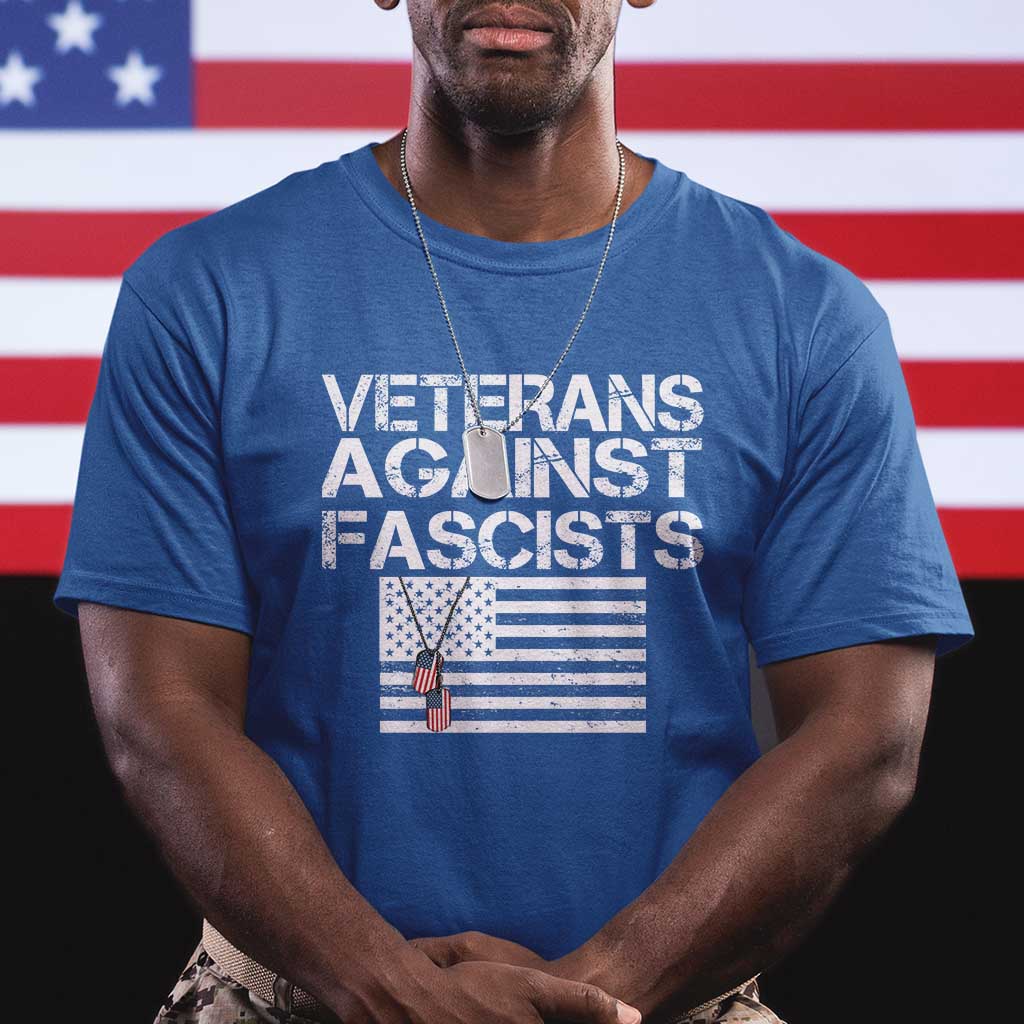 Veterans Against Fascists T Shirt - Patriotic Soldier Vintage American Flag Dog Tag Tee TS11 Royal Blue Print Your Wear