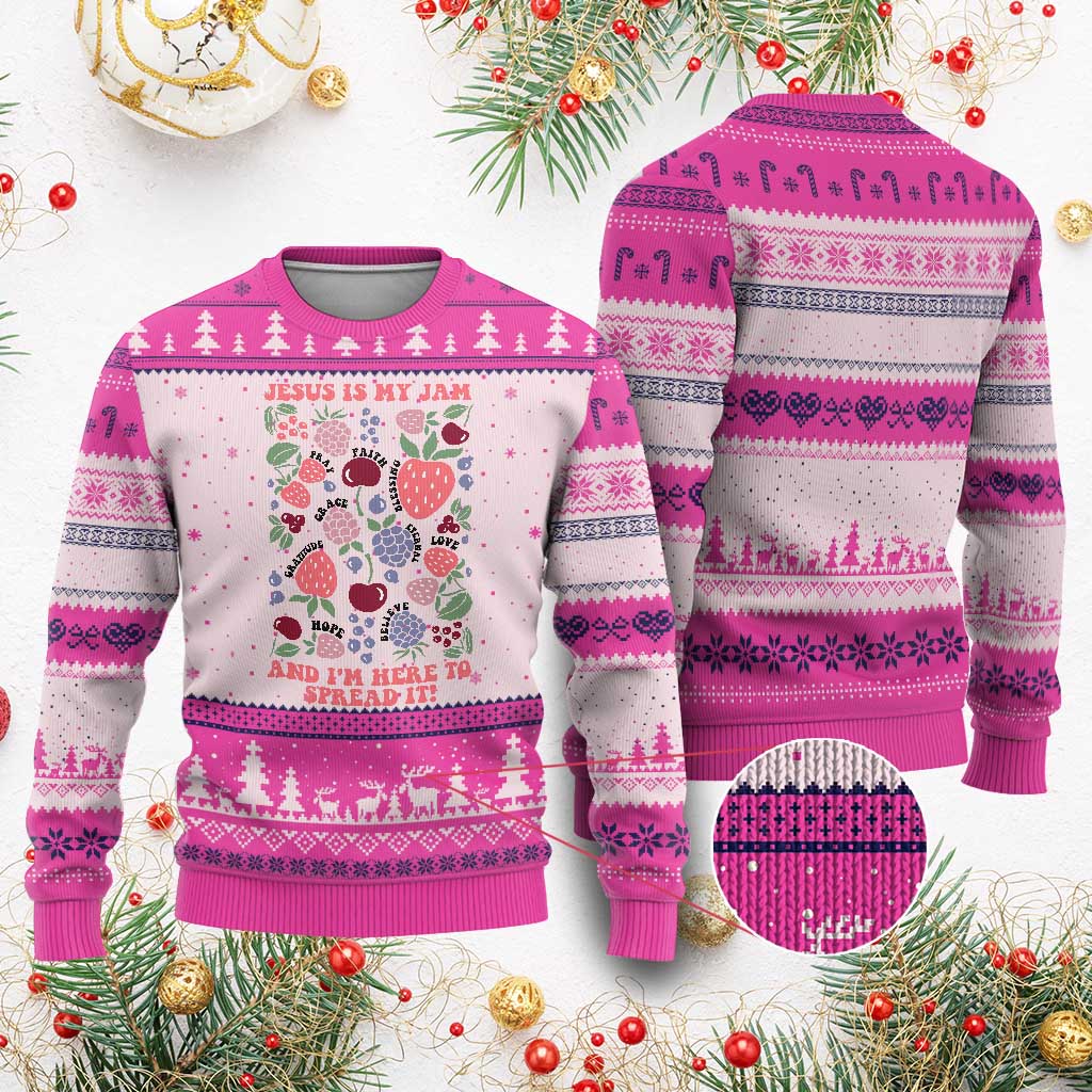 Jesus Is My Jam And I Am Here To Spread It Ugly Christmas Sweater Christian Faith TS11 Hot Pink Print Your Wear