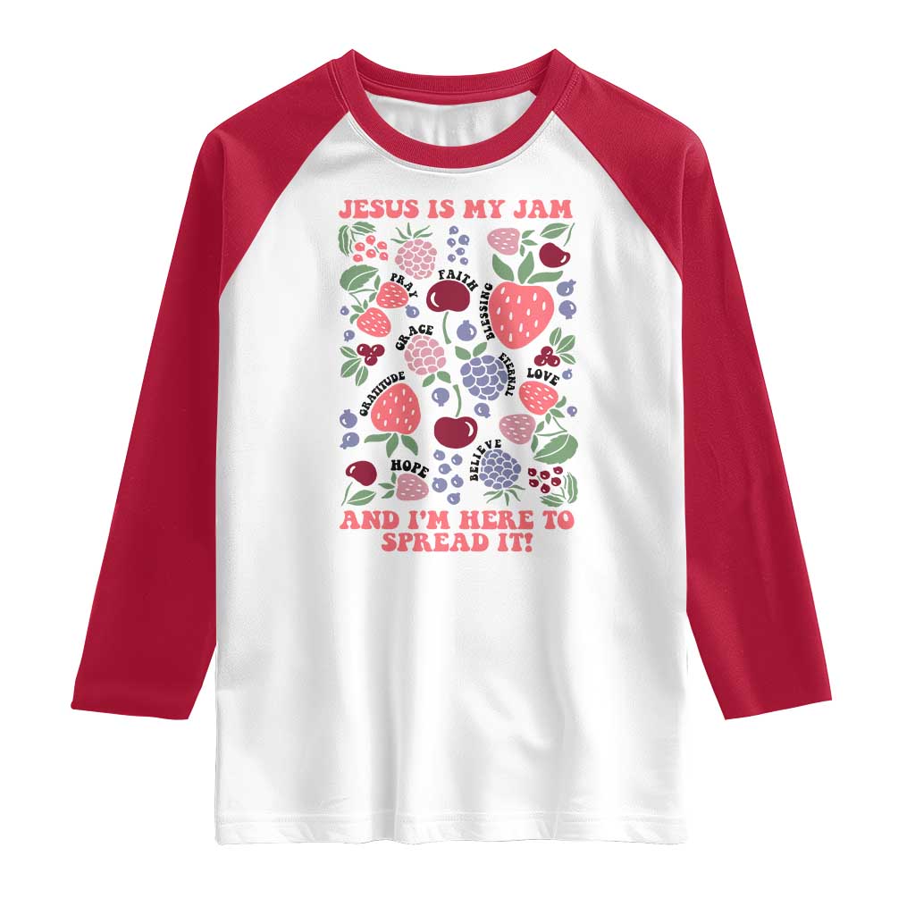 Jesus Is My Jam And I Am Here To Spread It Raglan Shirt Christian Faith TS11 White Red Print Your Wear