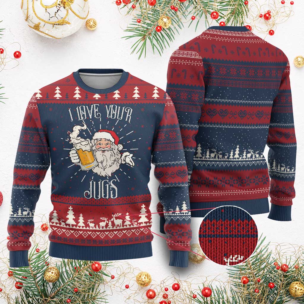 Funny Xmas Beers Couple Ugly Christmas Sweater I Love Your Jugs Santa Beers Drinker TS11 Burgundy Print Your Wear