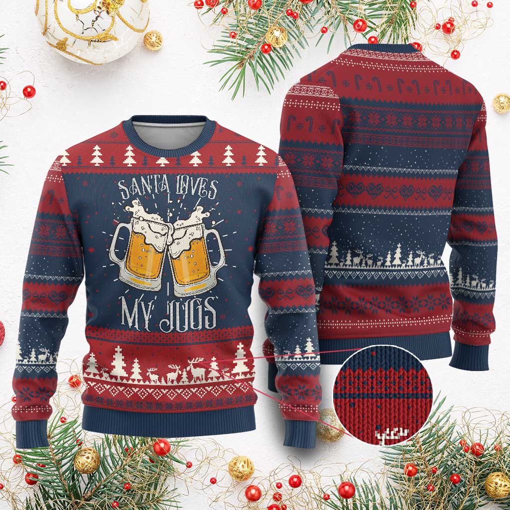 Funny Xmas Beers Couple Ugly Christmas Sweater Santa Loves My Jugs Beers Drinker TS11 Burgundy Print Your Wear