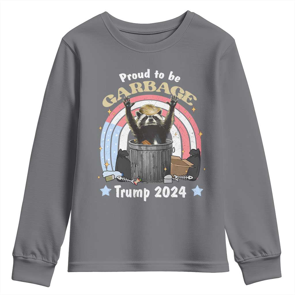 Funny Trump Garbage Racoon Youth Sweatshirt Proud To Be Garbage Trump 2024 American Flag TS11 Charcoal Print Your Wear