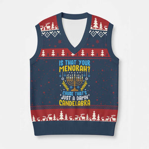 Funny Is That your Menorah Cause That's Just A Damn Candelabra V-Neck Knit Sweater Vest Hanukkah Menorah TS11 Navy Red Print Your Wear