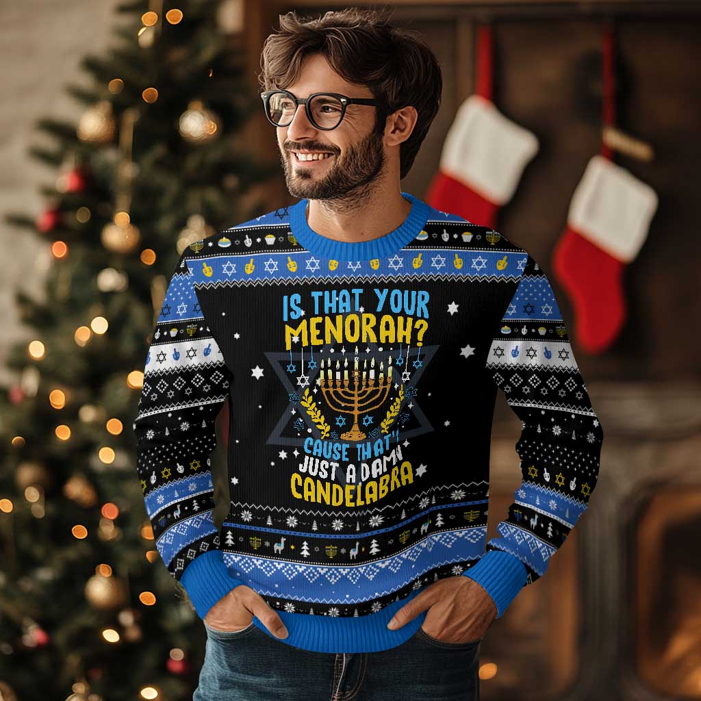 Funny Is That your Menorah Cause That's Just A Damn Candelabra Hanukkah Ugly Sweater Chanukah Menorah TS11 Black Blue Print Your Wear