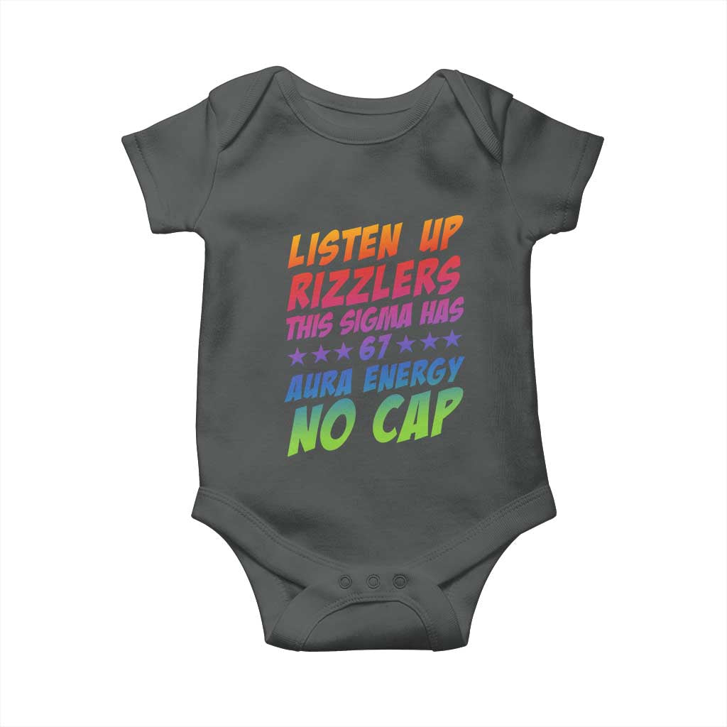 Funny Listen Up Rizzlers This Sigma Has 67 Aura Energy No Cap Baby Onesie TS11 Dark Heather Print Your Wear