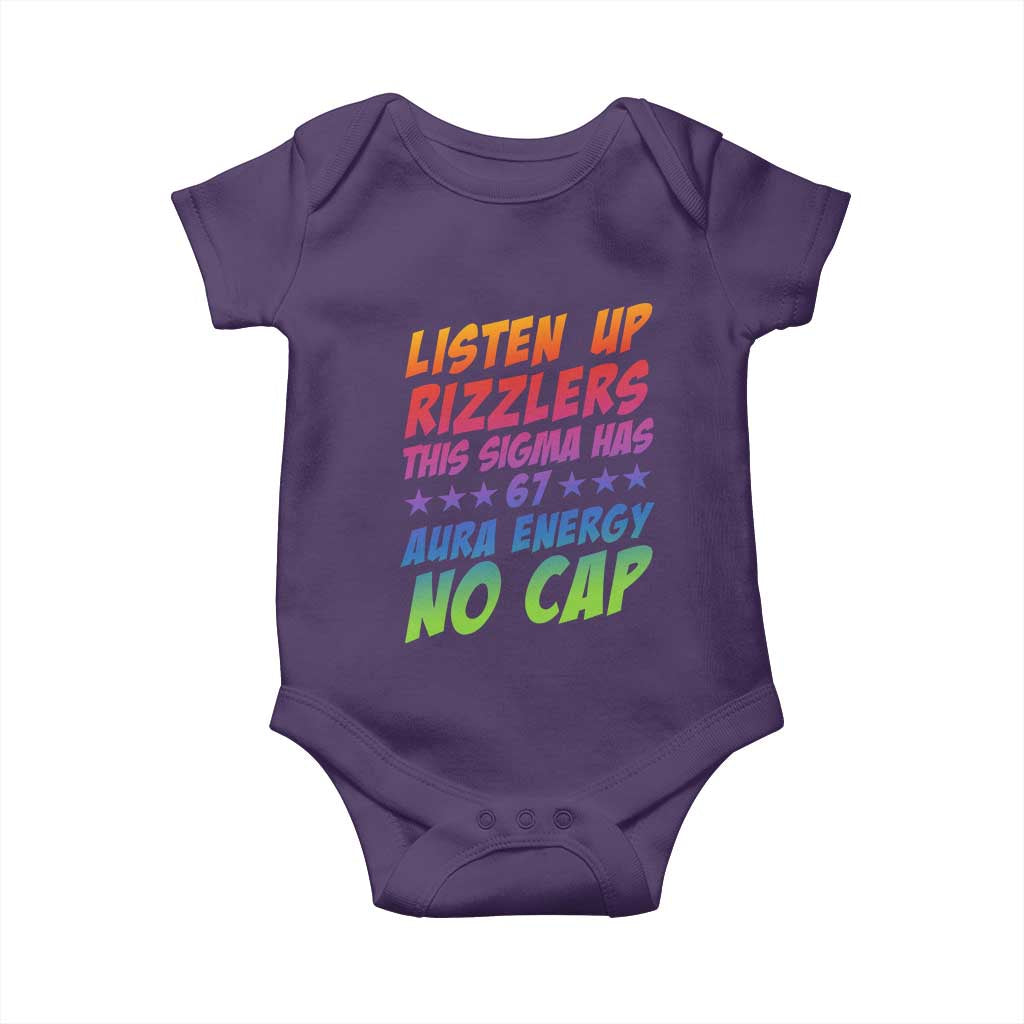 Funny Listen Up Rizzlers This Sigma Has 67 Aura Energy No Cap Baby Onesie TS11 Purple Print Your Wear