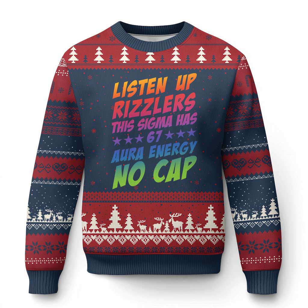 Funny Listen Up Rizzlers This Sigma Has 67 Aura Energy No Cap Ugly Christmas Sweater TS11 Navy Red Print Your Wear
