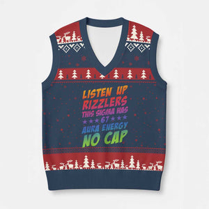 Funny Listen Up Rizzlers This Sigma Has 67 Aura Energy No Cap V-Neck Knit Sweater Vest TS11 Navy Red Print Your Wear