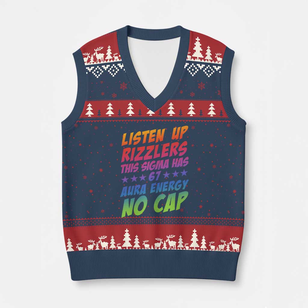 Funny Listen Up Rizzlers This Sigma Has 67 Aura Energy No Cap V-Neck Knit Sweater Vest TS11 Navy Red Print Your Wear