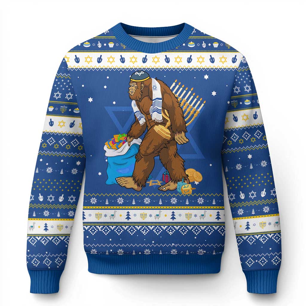 Funny Chanukah Bigfoot Menorah David Stars Hanukkah Ugly Sweater TS11 Blue White Print Your Wear