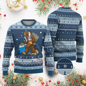 Funny Chanukah Bigfoot Menorah David Stars Hanukkah Ugly Sweater TS11 Navy Light Blue Print Your Wear