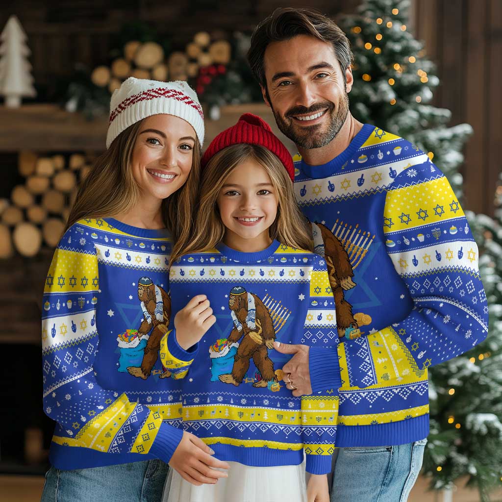 Funny Chanukah Bigfoot Menorah David Stars Hanukkah Ugly Sweater TS11 Royal Blue Gold Print Your Wear
