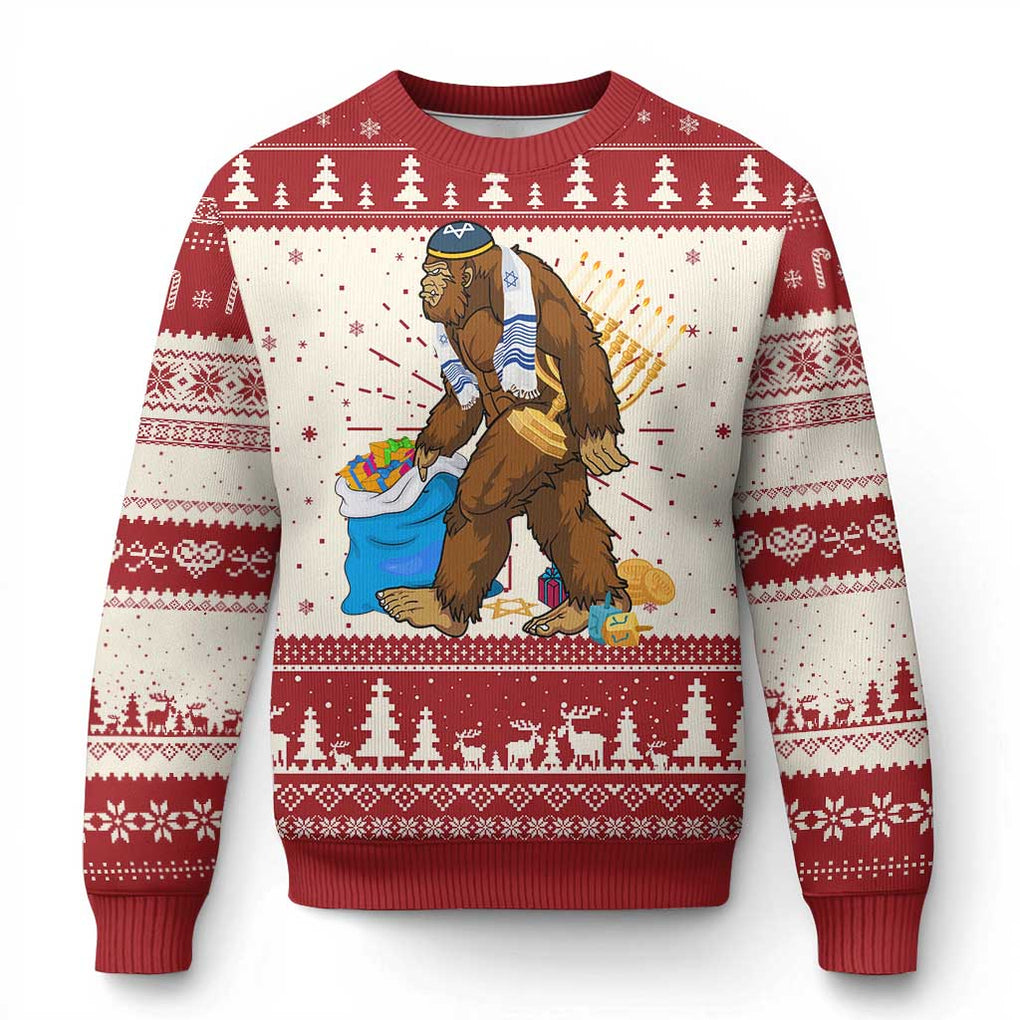 Funny Hanukkah Bigfoot Menorah David Stars Ugly Christmas Sweater TS11 Red Print Your Wear