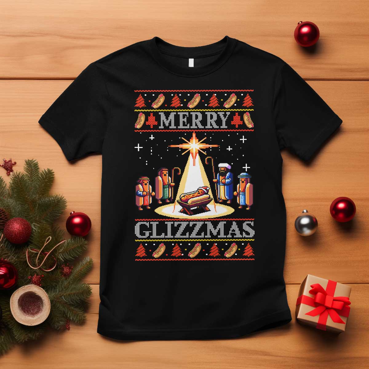 Funny Merry Glizzmas T Shirt Hot Dog Christmas Nativity Scene TS11 Black Print Your Wear