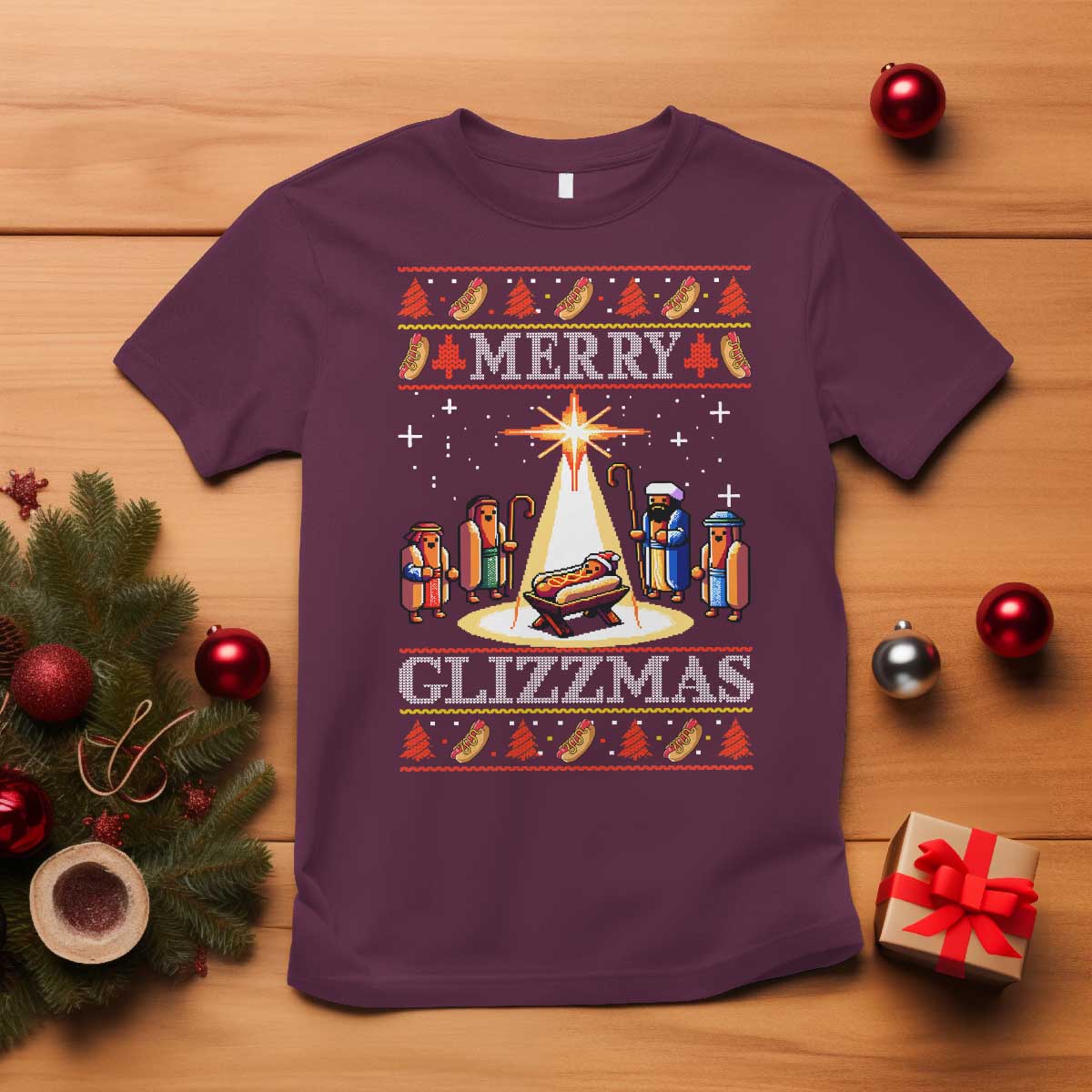 Funny Merry Glizzmas T Shirt Hot Dog Christmas Nativity Scene TS11 Maroon Print Your Wear