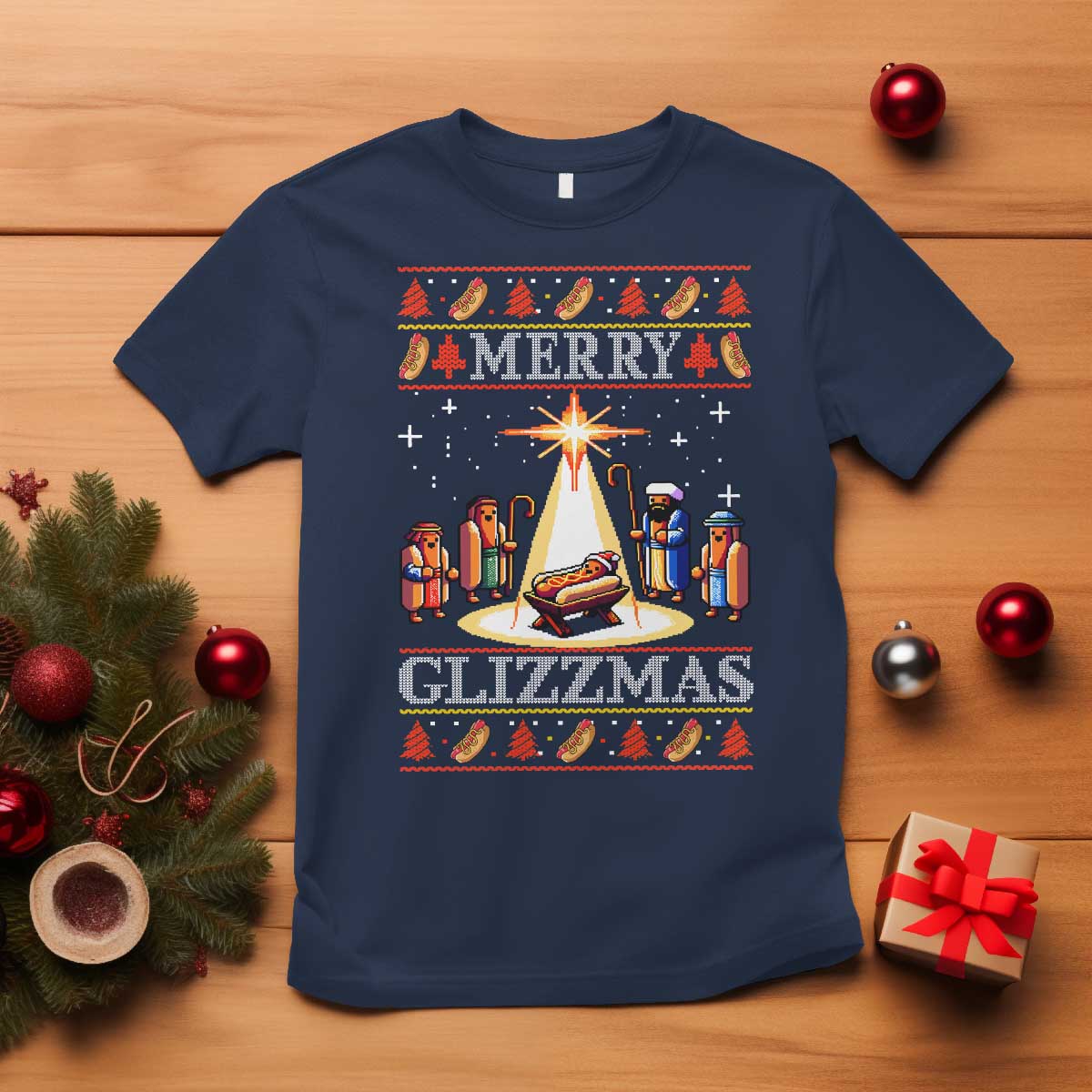 Funny Merry Glizzmas T Shirt Hot Dog Christmas Nativity Scene TS11 Navy Print Your Wear