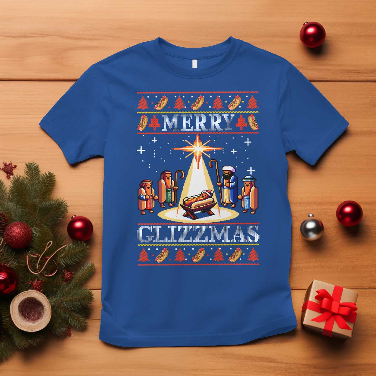 Funny Merry Glizzmas T Shirt Hot Dog Christmas Nativity Scene TS11 Royal Blue Print Your Wear