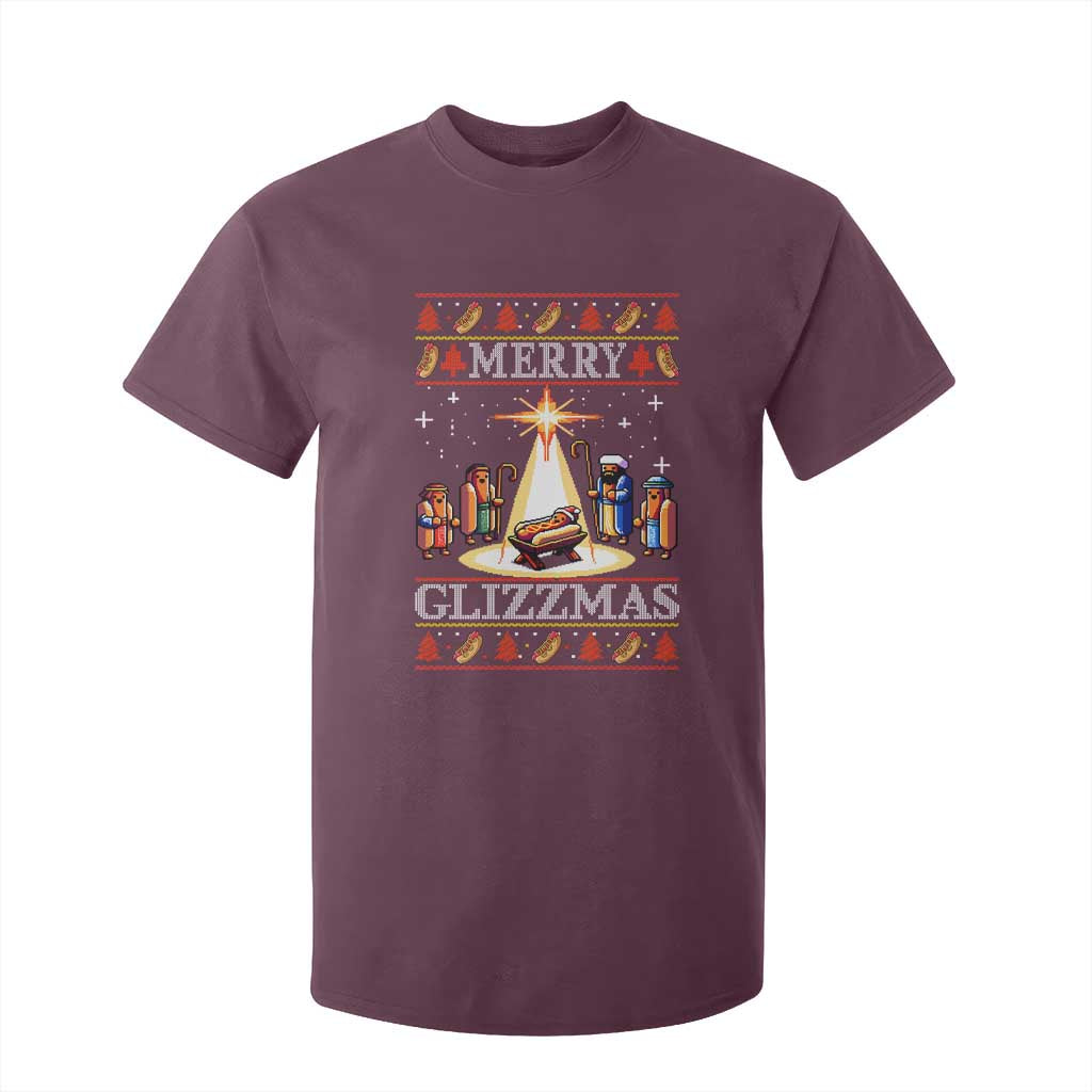 Funny Merry Glizzmas T Shirt For Kid Hot Dog Christmas Nativity Scene TS11 Maroon Print Your Wear