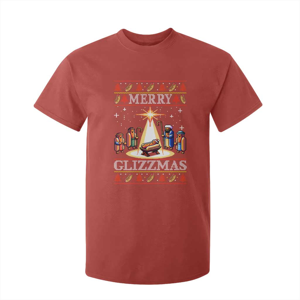 Funny Merry Glizzmas T Shirt For Kid Hot Dog Christmas Nativity Scene TS11 Red Print Your Wear