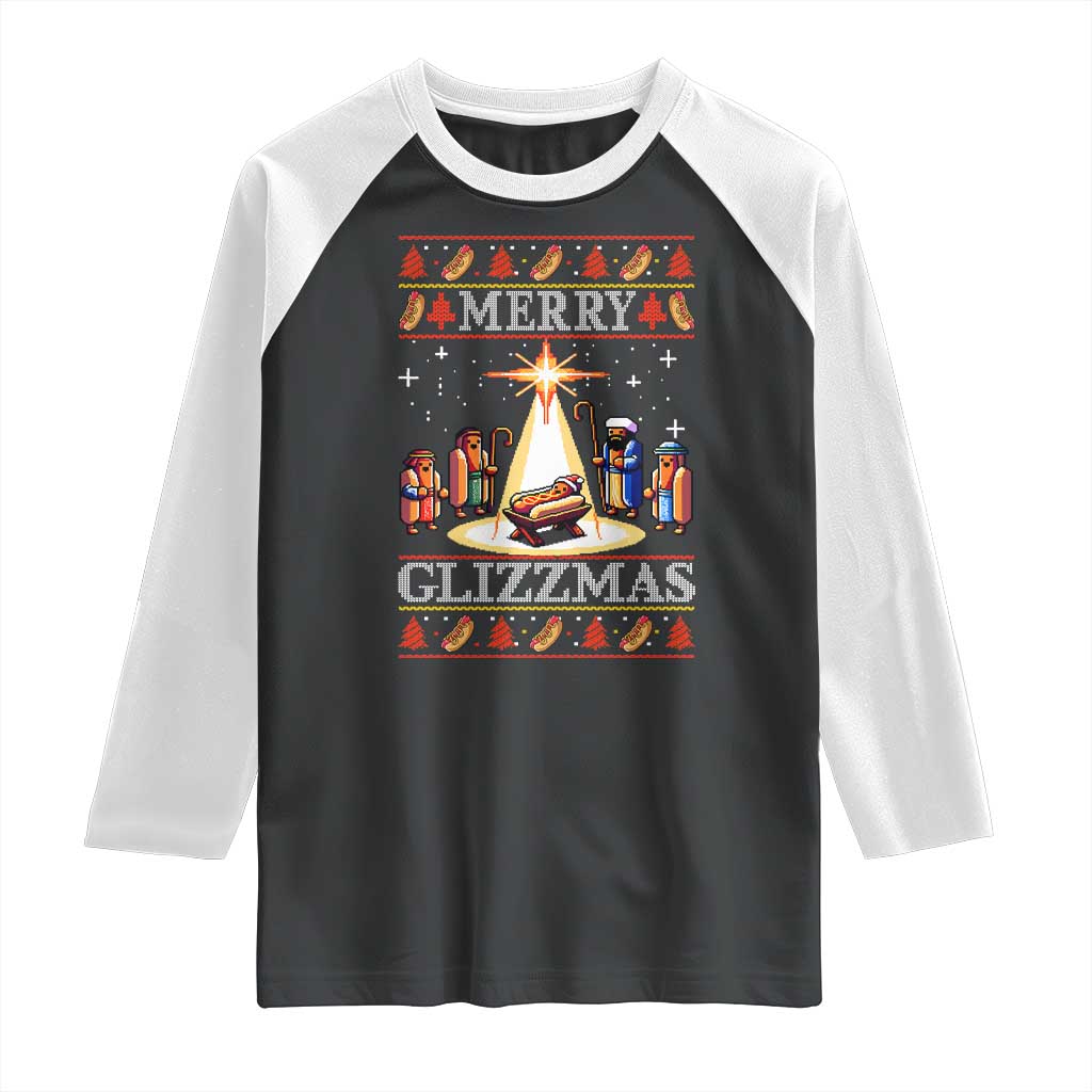 Funny Merry Glizzmas Raglan Shirt Hot Dog Christmas Nativity Scene TS11 Black White Print Your Wear