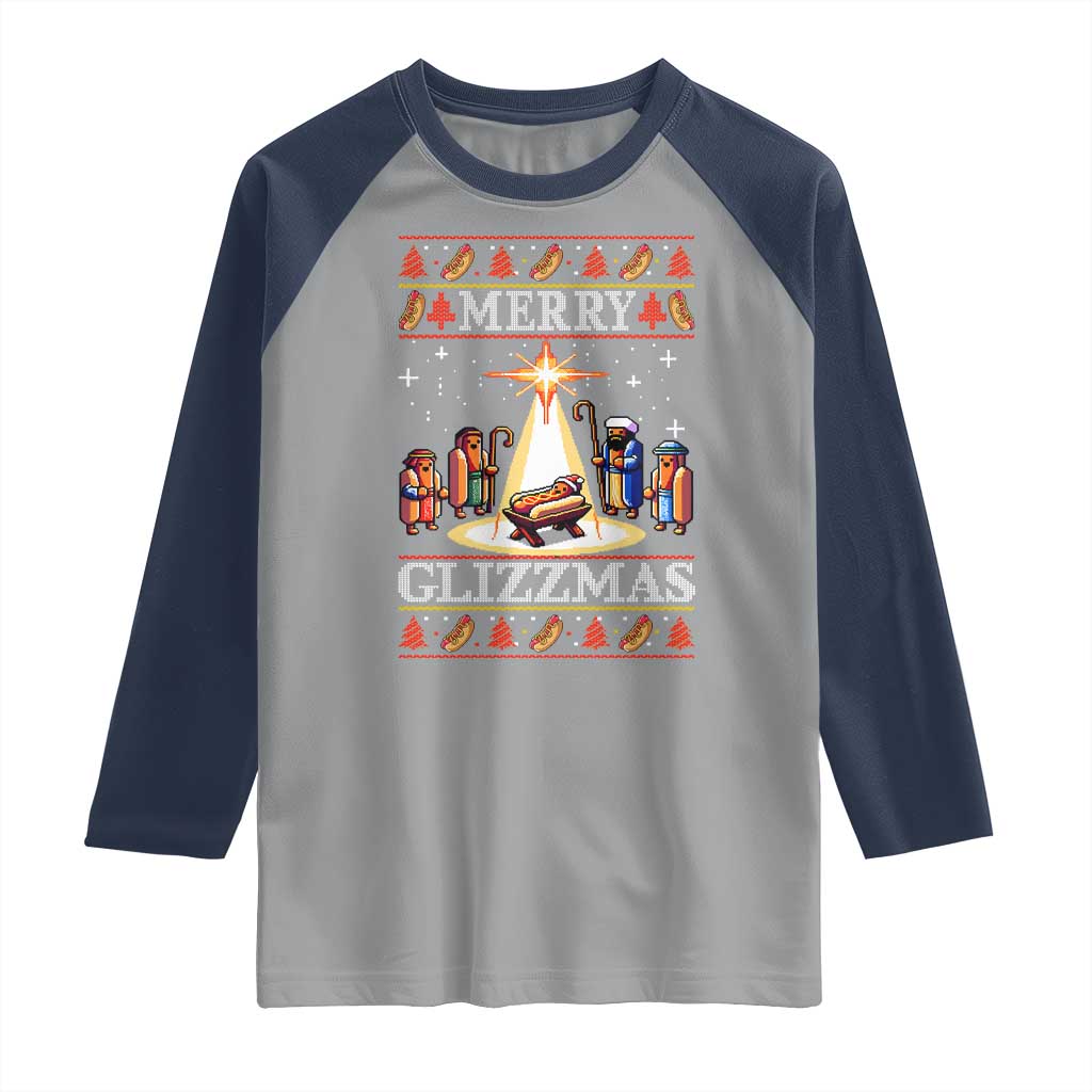 Funny Merry Glizzmas Raglan Shirt Hot Dog Christmas Nativity Scene TS11 Sport Gray Navy Print Your Wear