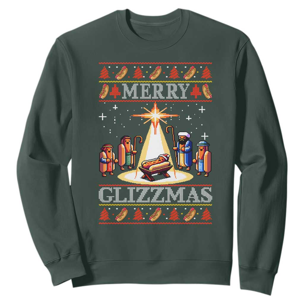Funny Merry Glizzmas Sweatshirt Hot Dog Christmas Nativity Scene TS11 Dark Forest Green Print Your Wear