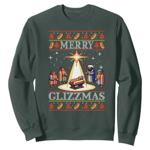 Funny Merry Glizzmas Sweatshirt Hot Dog Christmas Nativity Scene TS11 Dark Forest Green Print Your Wear