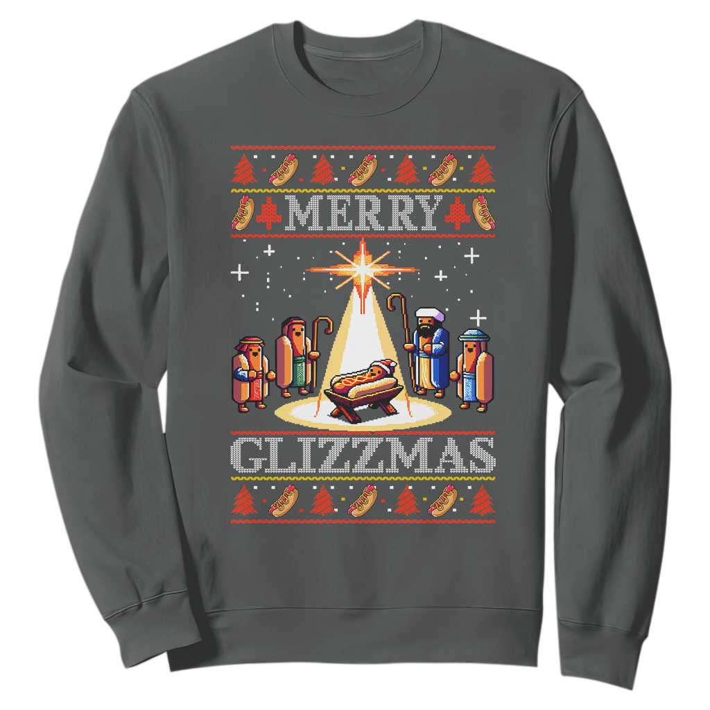 Funny Merry Glizzmas Sweatshirt Hot Dog Christmas Nativity Scene TS11 Dark Heather Print Your Wear