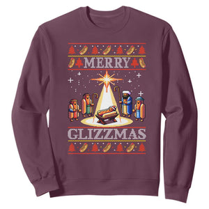 Funny Merry Glizzmas Sweatshirt Hot Dog Christmas Nativity Scene TS11 Maroon Print Your Wear