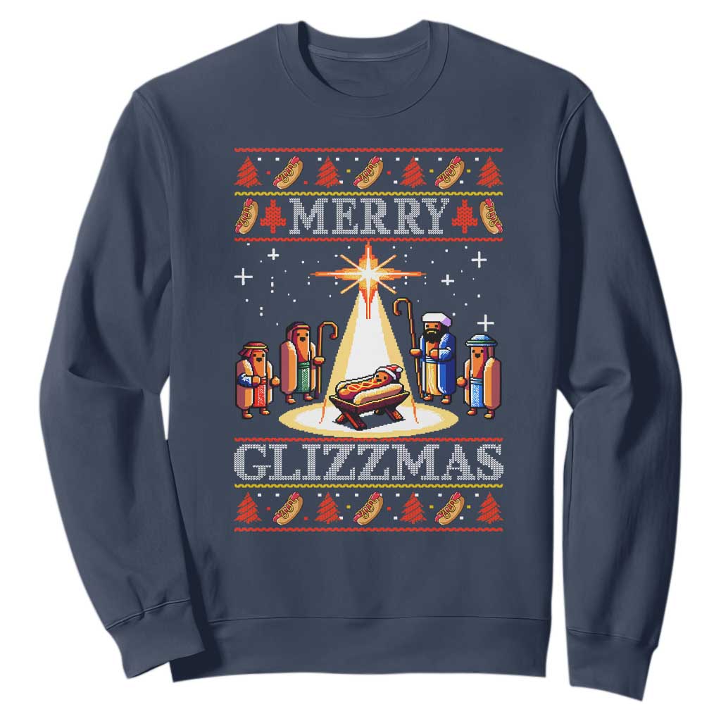 Funny Merry Glizzmas Sweatshirt Hot Dog Christmas Nativity Scene TS11 Navy Print Your Wear