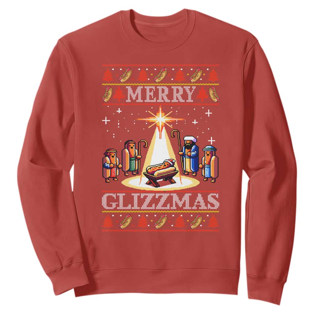 Funny Merry Glizzmas Sweatshirt Hot Dog Christmas Nativity Scene TS11 Red Print Your Wear