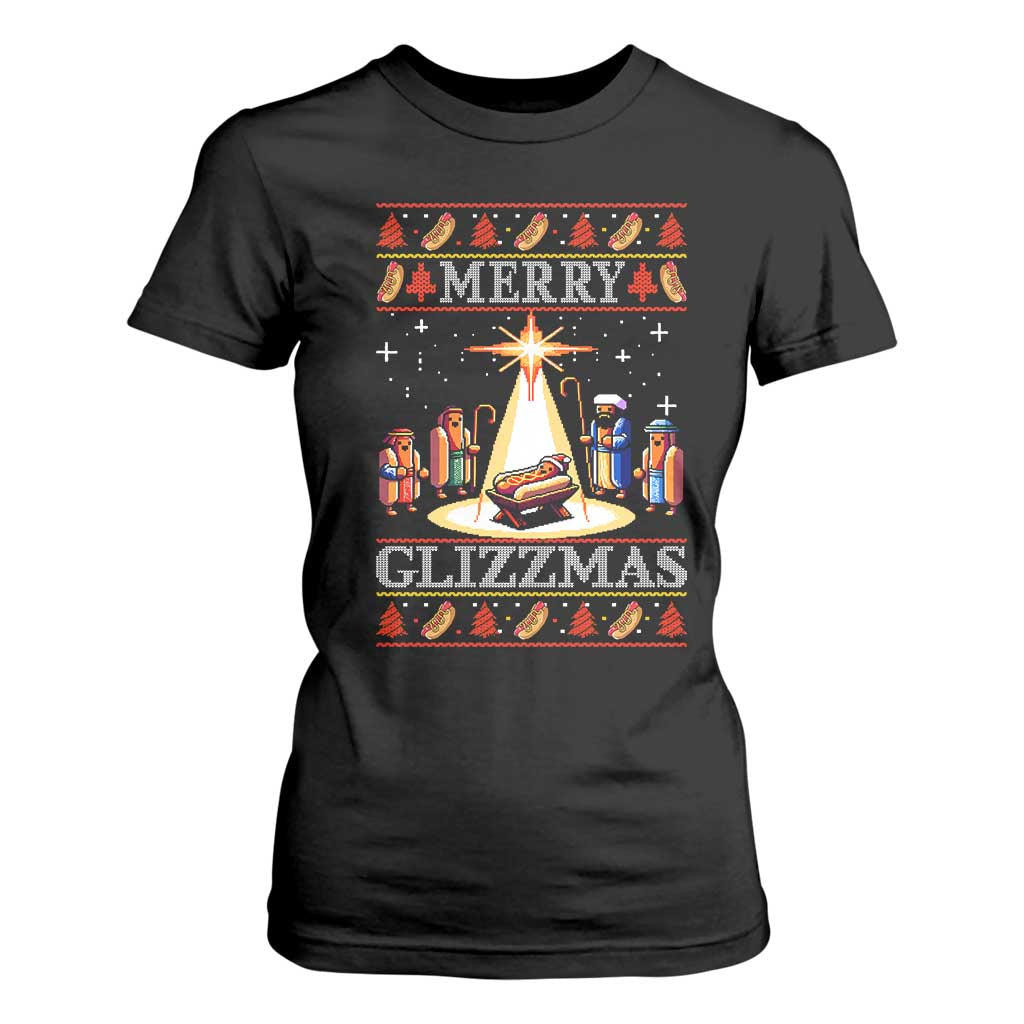 Funny Merry Glizzmas T Shirt For Women Hot Dog Christmas Nativity Scene TS11 Black Print Your Wear
