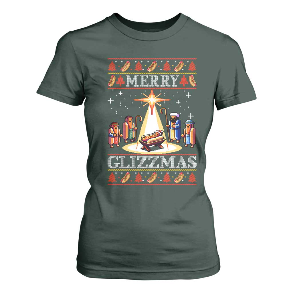 Funny Merry Glizzmas T Shirt For Women Hot Dog Christmas Nativity Scene TS11 Dark Forest Green Print Your Wear