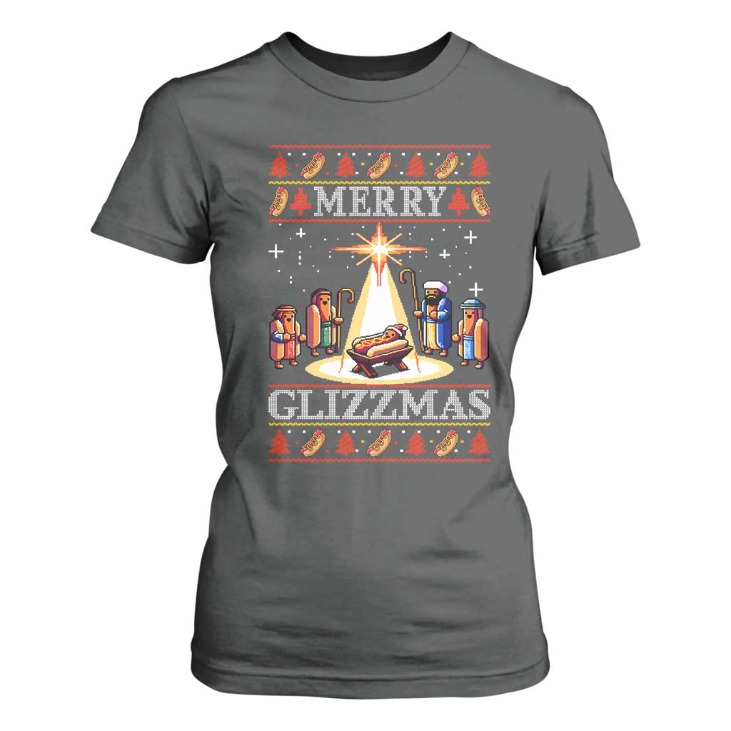 Funny Merry Glizzmas T Shirt For Women Hot Dog Christmas Nativity Scene TS11 Dark Heather Print Your Wear
