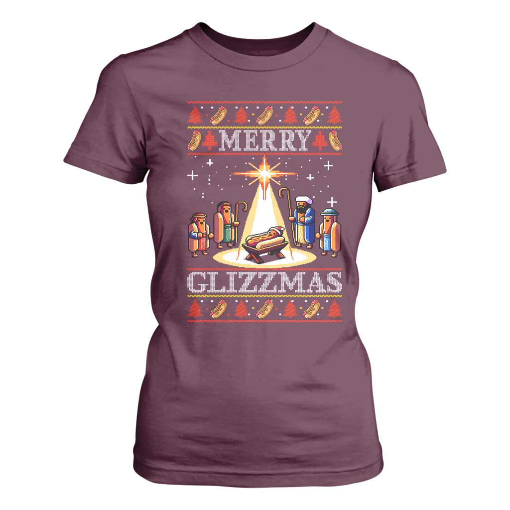 Funny Merry Glizzmas T Shirt For Women Hot Dog Christmas Nativity Scene TS11 Maroon Print Your Wear