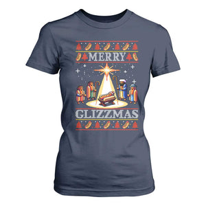 Funny Merry Glizzmas T Shirt For Women Hot Dog Christmas Nativity Scene TS11 Navy Print Your Wear