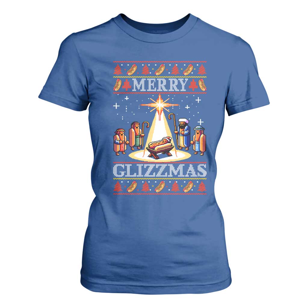 Funny Merry Glizzmas T Shirt For Women Hot Dog Christmas Nativity Scene TS11 Royal Blue Print Your Wear