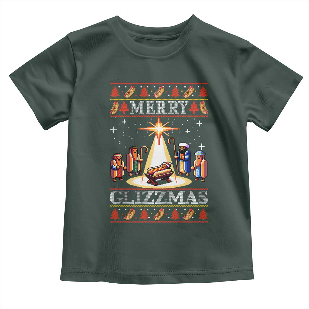 Funny Merry Glizzmas Toddler T Shirt Hot Dog Christmas Nativity Scene TS11 Dark Forest Green Print Your Wear