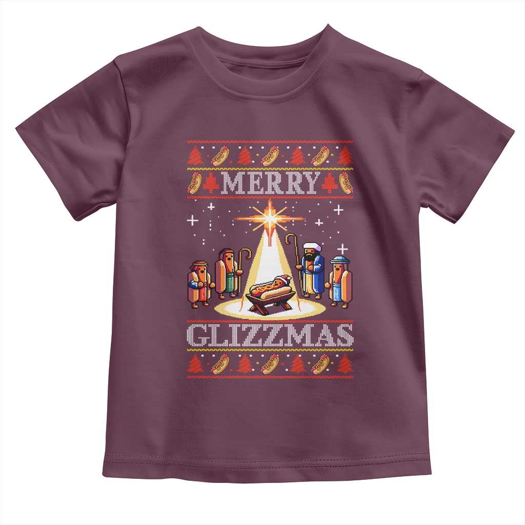Funny Merry Glizzmas Toddler T Shirt Hot Dog Christmas Nativity Scene TS11 Maroon Print Your Wear