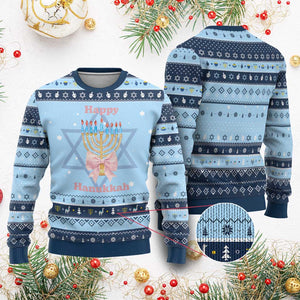 Happy Chanukah Coquette Hanukkah Ugly Sweater Cute Menorah Pink Bow TS11 Light Blue Navy Print Your Wear