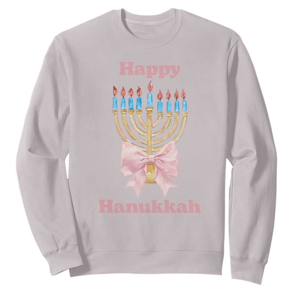 Happy Hanukkah Coquette Sweatshirt Cute Menorah Pink Bow TS11 Ice Gray Print Your Wear