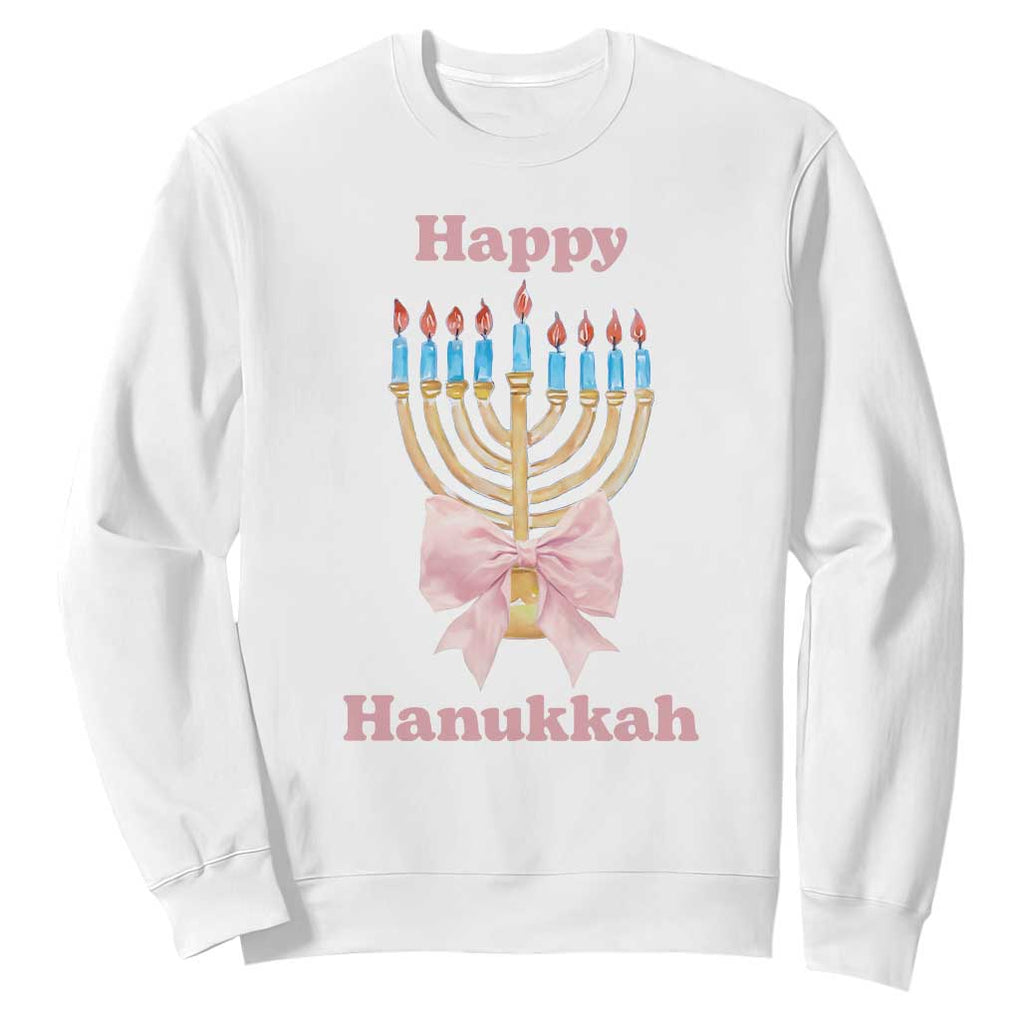 Happy Hanukkah Coquette Sweatshirt Cute Menorah Pink Bow TS11 White Print Your Wear