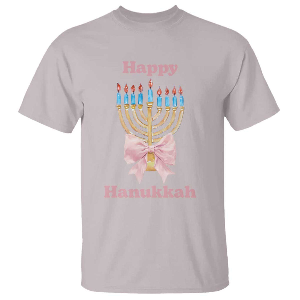 Happy Hanukkah Coquette T Shirt Cute Menorah Pink Bow TS11 Ice Gray Print Your Wear