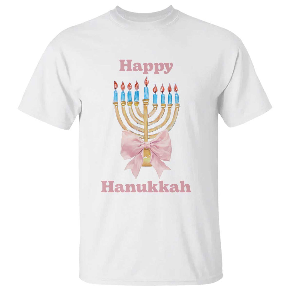 Happy Hanukkah Coquette T Shirt Cute Menorah Pink Bow TS11 White Print Your Wear