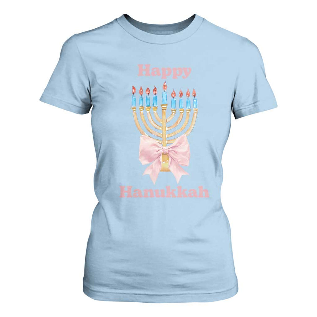 Happy Hanukkah Coquette T Shirt For Women Cute Menorah Pink Bow TS11 Light Blue Print Your Wear