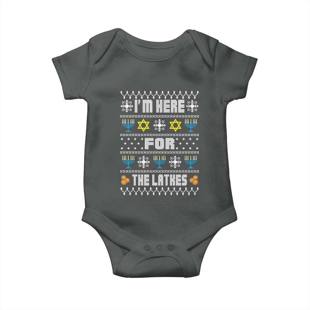 Funny Hanukkah Baby Onesie I'm Here For The Latkes Menorah TS11 Dark Heather Print Your Wear