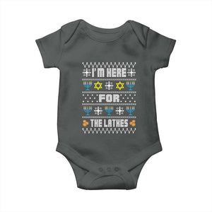 Funny Hanukkah Baby Onesie I'm Here For The Latkes Menorah TS11 Dark Heather Print Your Wear