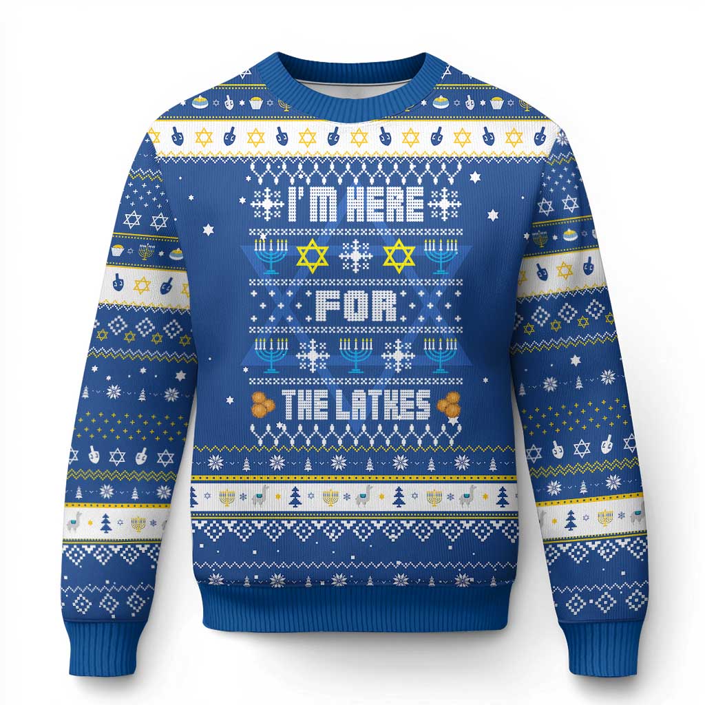 Funny Chanukah Hanukkah Ugly Sweater I'm Here For The Latkes Menorah TS11 Blue White Print Your Wear
